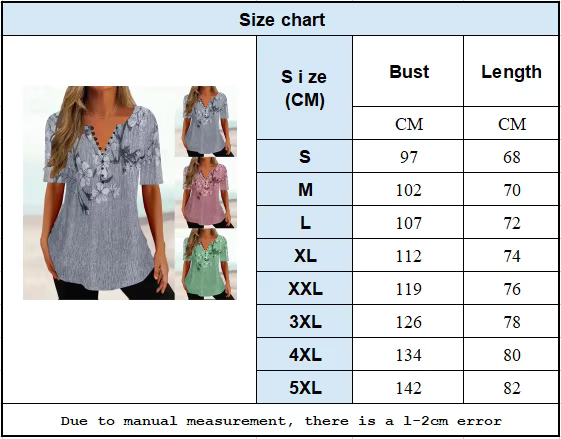 2024 Summer Loose T-shirt V-neck Short Sleeve Pleated Button Shirt For Women