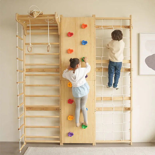 Indoor Montessori Playing 9-in-1 Swedish kids Ladder Wall Gym set with Rock climbing and Pull up Bars - Sonic Online Shop OM -  