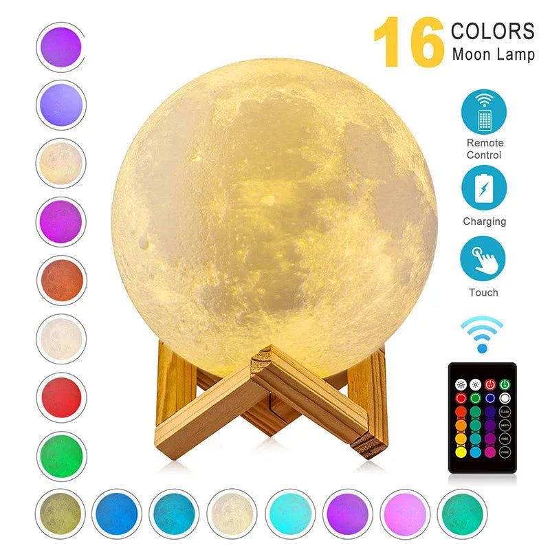 Moon Lamp  16 Colors LED 3D Moon Light Touch Remote Control Rechargeable - Sonic Online Shop OM - 49646322352419 