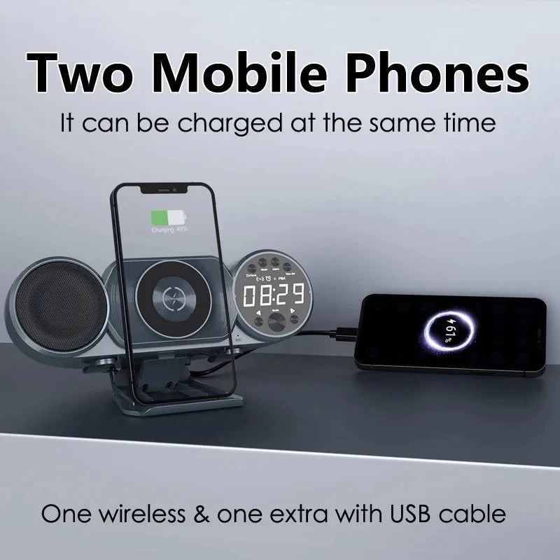 New Wireless Charging Bluetooth Speaker FM Radio TF AUX USB Hands-Free Alarm Clock Creative Decoration Ambient Light Sound box - Sonic Online Shop OM -  