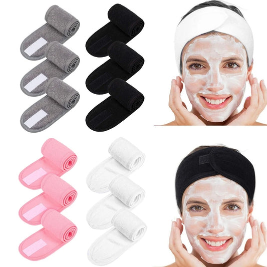 3Pcs Facial Spa hair accessories Kit Makeup Shower Bath Wrap Adjustable Stretch Towel with Magic Tape