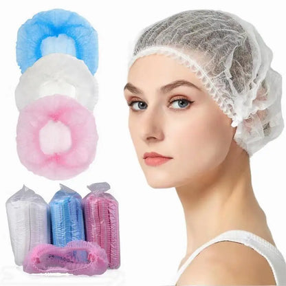 Disposable Hair Head Caps 100PCS Non-Woven Bouffant Hat Caps Elastic Anti Dust Hair Net Covers  for Bath Shower Hair Dye Makeup